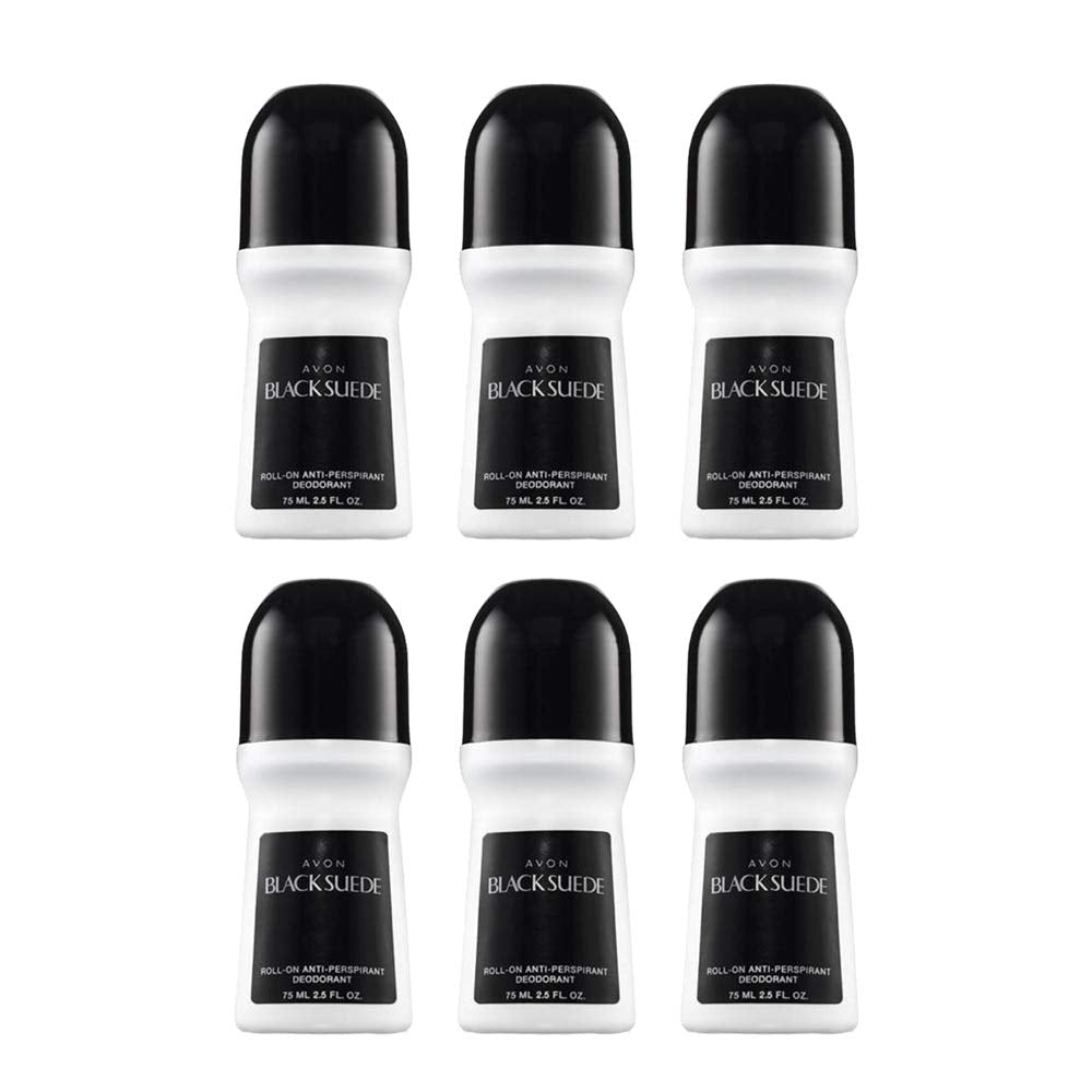 Avon Deododorant Men's Roll-on Black Suede, Anti-Whitening, Non-Staining, Quick-Drying Formula, 2.6oz/75ml. Pack of 6