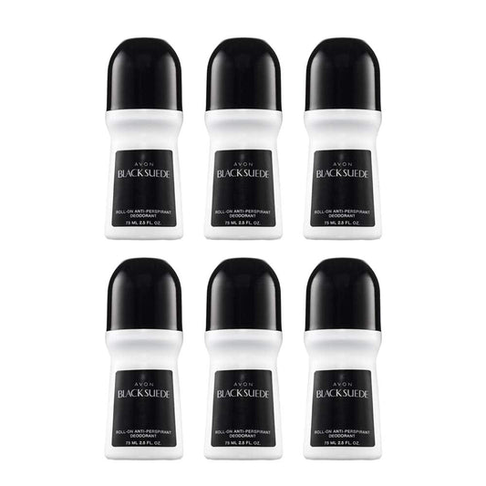 Avon Deododorant Men's Roll-on Black Suede, Anti-Whitening, Non-Staining, Quick-Drying Formula, 2.6oz/75ml. Pack of 6