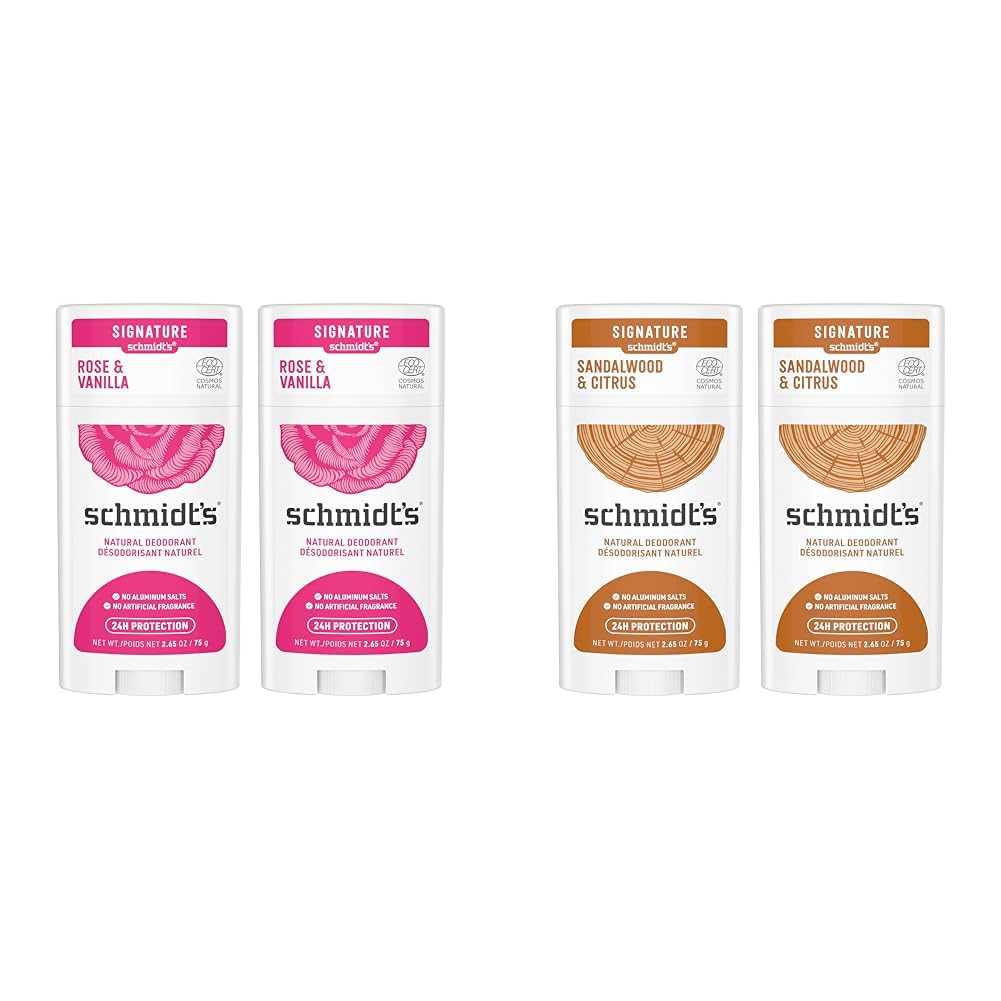 Schmidt's Aluminum Free Natural Deodorant for Women and Men, Rose and Vanilla with 24 Hour Odor Protection & Aluminum Free Natural Deodorant for Women and Men, Sandalwood and Citrus