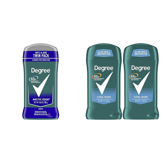 Degree Men Arctic Edge Deodorant 48-Hour 3 oz Twin Pack and Cool Rush Antiperspirant Deodorant 48-Hour 2.7 oz Pack of 2