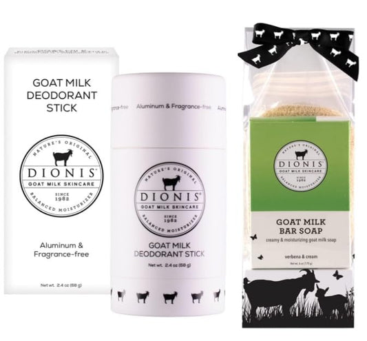 Dionis Goat Milk Skincare Deoderant Stick + Goat Milk Verbena & Cream Ultimate Bar Soap Shower & Bath 3 Pc Travel Set
