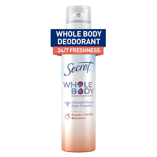 Secret Whole Body Deodorant for Women, Peach & Vanilla Scent, Aluminum Free Deodorant Spray, 72 HR Odor Protection, 3.5 oz