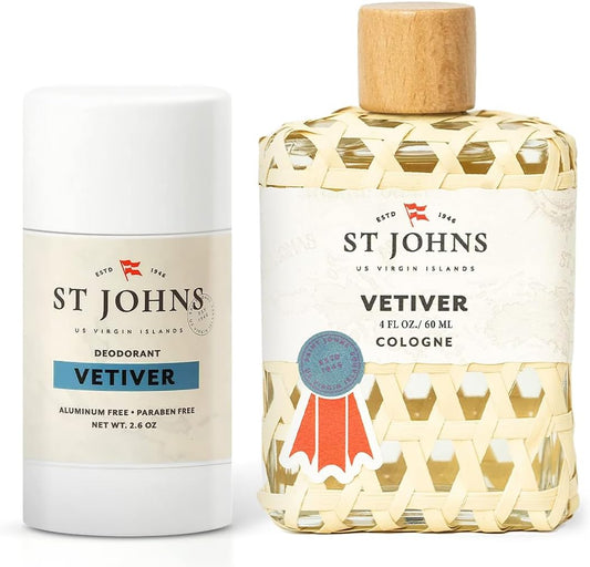 St. John Classic Vetiver Cologne & Aluminum Free Deodorant Set, 2 pc Bundle | Virgin Islands Inspired Cologne Fragrance for Men (4 oz) & Long-Lasting, Odor Resistant Clear Deodorant Stick (2.6 oz)