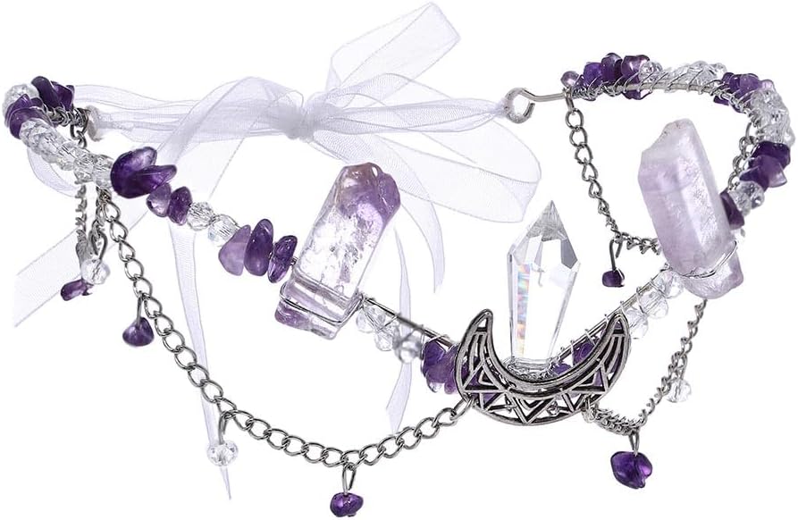 Campsis Fairy Crown Raw Quartz Headband Elven Crystal Elf Headpiece V-Shape Elven Tiara for Women Renaissance Halloween Cosplay Costumes Hair Acessories