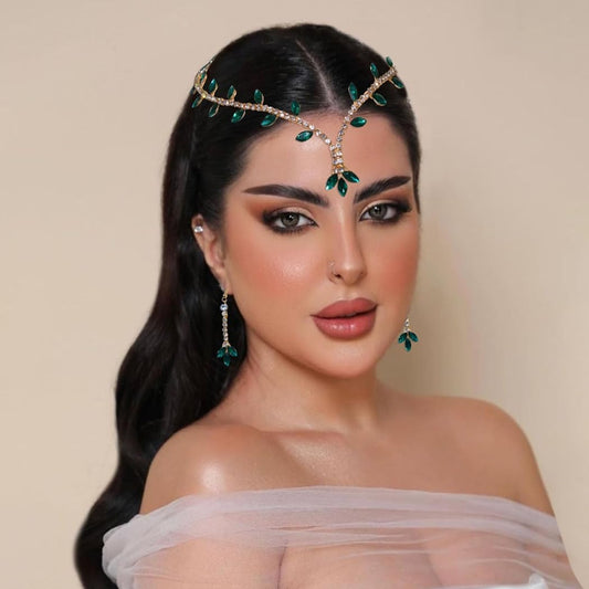 Yeilhile Rhinestone Boho Head Chain Green Crystal Forehead Headpiece Leaf Wedding Party Hair Accessories for Women