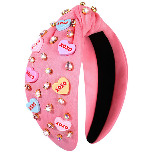 CEALXHENY ValentineÕs Day Headbands Accessories for Women XOXO Love Massage Heart Headband Red Pink Heart Crystal Knotted Headband Jeweled Wide Top Knot Headband ValentineÕs Day Gifts (XOXO A)