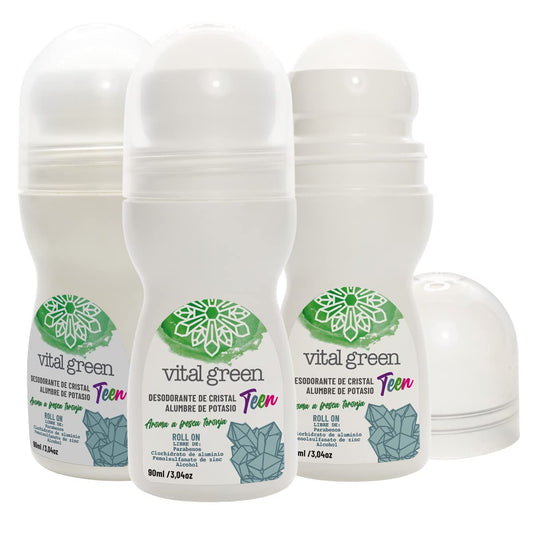 Vital Green - Natural Potassium Alum Crystal Stone Deodorant for Children with Grapefruit Extract. Gentle on Skin, Eliminates Odor and Non-Stain. Presentation Roll On 90g - 3 fl oz (3 Units)