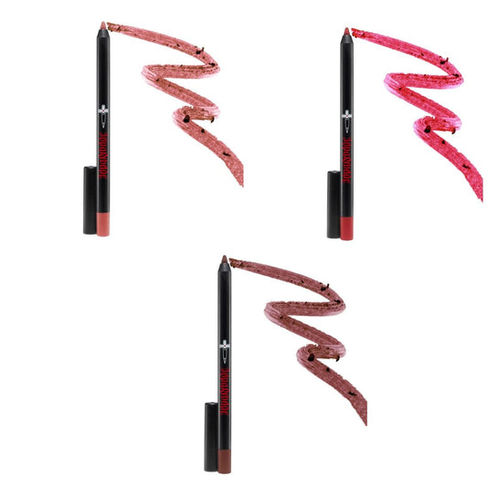 3 Shades of Bold Lip Pencils - Cosita (Warm Nude), Xicana (Chocolate Brown), and Brava (Classic Red) / 8 Hour Finish, Water Resistant, Won't Feather or Bleed / Highly Pigmented / PVC-Free Barrel