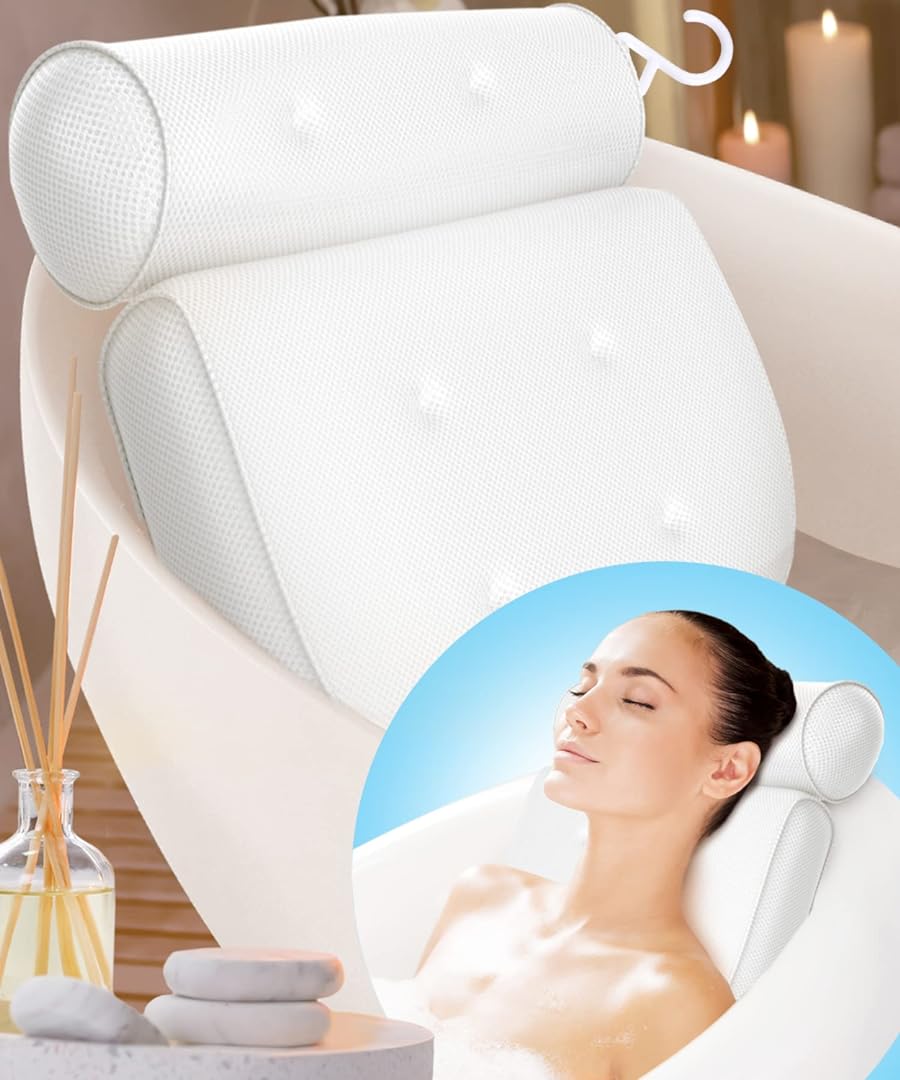 Bathtub Pillow for Neck and Back Support with 6 Non-Slip Suction Cups & Drying Hook - Machine Washable Bath Tub Pillow Headrest for Standard, Soaking & Straight Back Tubs - Bath Accessories for Women