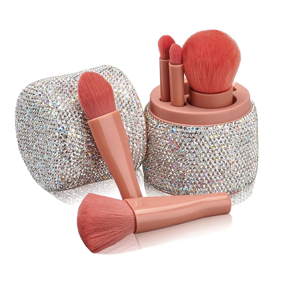 XhuangTech Makeup Brushes with Bling Rhinestone Case, 5Pcs Premium Synthetic Cosmetic Brush Set with Professional Foundation Brushes Powder Concealers Eye Shadows Blush for Perfect Makeup (White)