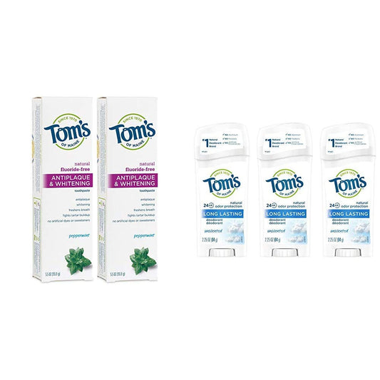 Tom's of Maine Fluoride-Free Antiplaque & Whitening Toothpaste, Whitening Toothpaste with Tom's of Maine Long Lasting Deodorant, Natural Deodorant, Deodorant, Unscented, 2.25 Ounce, Pack of