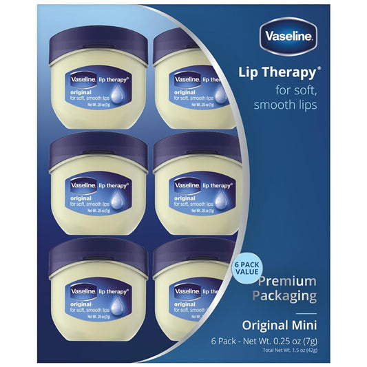 Vaseline Lip Therapy Original Mini, White Petrolatum, Advanced Moisturizer, Relieves Dull and Dry Skin, Mini Vaseline Petroleum Jelly, Soft & Smooth Vaseline Lips (Pack of 6-0.25 Oz Ea)