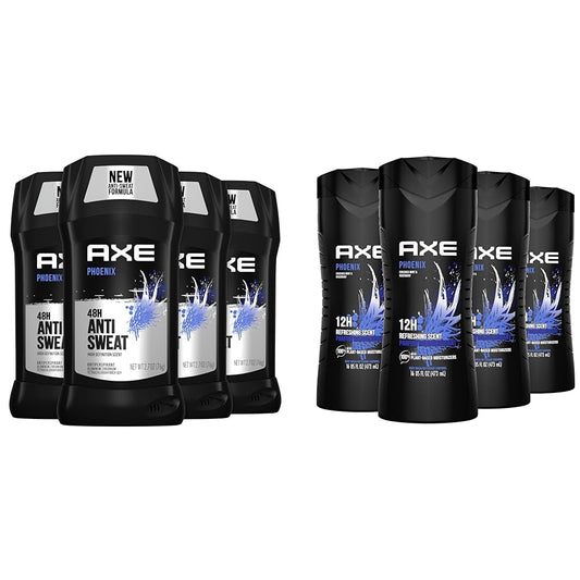 AXE Antiperspirant Deodorant for Men Phoenix 4PK 48H Sweat & Odor Protection for Long Lasting & Body Wash Phoenix 12h Refreshing Scent Crushed Mint & Rosemary 4 count Men's Body Wash