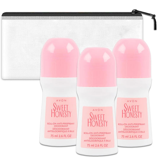 Avon Sweet Honesty Roll-On Deodorant for Women Travel Pack - 3 Pack Avon Roll-On Anti-Perspirant Deodorant Travel Size 2.6 Oz Bundle with Bag | Travel Size Deodorant for Women