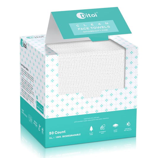 Ditoi Disposable Face Towels, Biodegradable Facial Towels, Super Soft and Thick Clean Towels XL, Makeup Remover Dry Wipes, Face Cloths for Sensitive Skin, 10"_12" 50 Count (1 Pack)