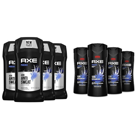 AXE Antiperspirant Deodorant for Men Phoenix 4PK 48H Sweat & Odor Protection for Long Lasting Freshness & Body Wash Phoenix 4 Count 12h Refreshing Scent Crushed Mint & Rosemary Men's Body Wash