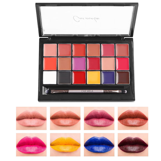 CarMela Professional Lip Palette - 18 Colors High-Pigmented Lipstick Set, Long-lasting Lip Color Pallet with Lip Brush for Makeup Artists, Valentine's Day Gift for Her