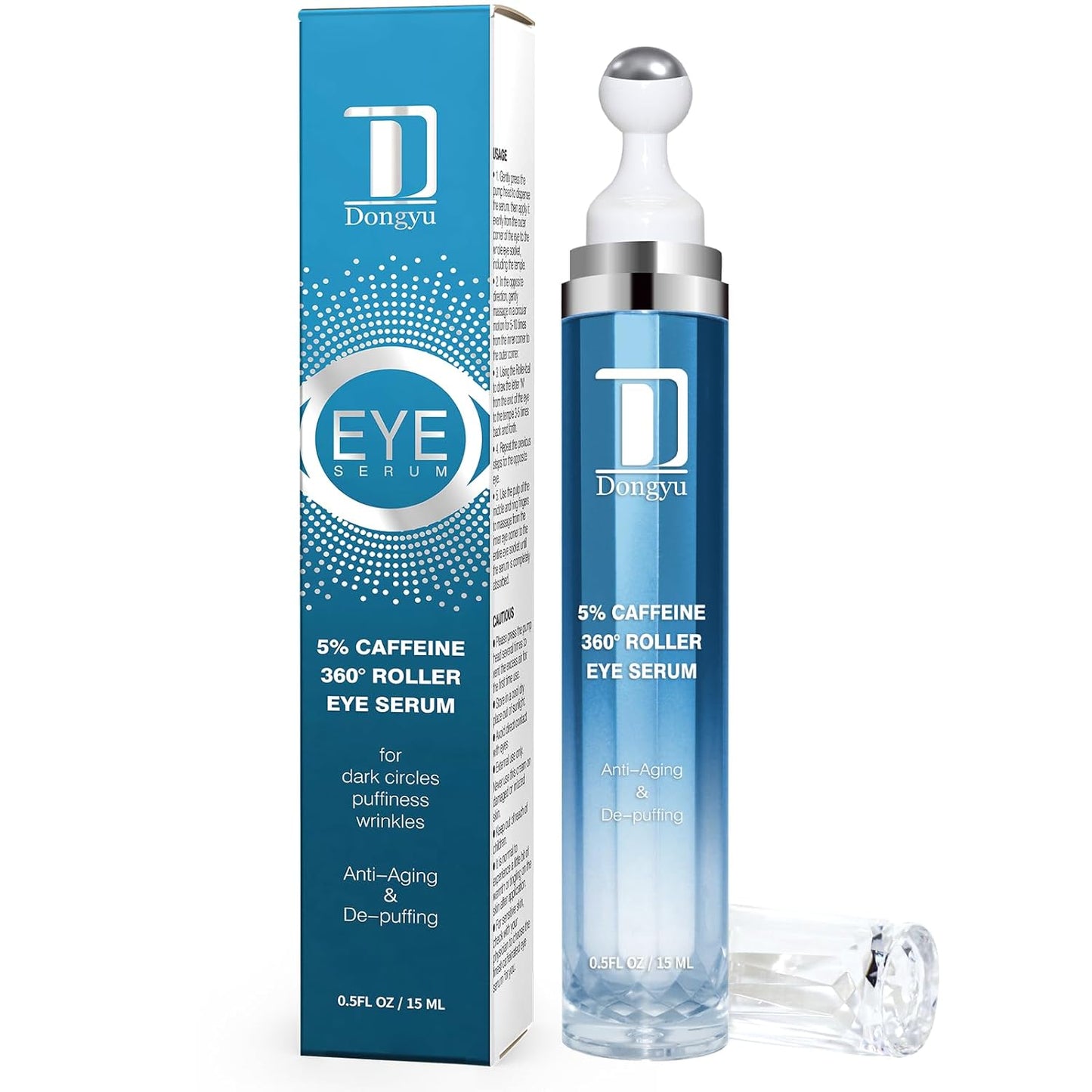 Dongyu 5% Caffeine Eye Serum and Under Eye Roller Cream for Dark Circles and Puffiness, Caffeine Eye Cream with 360¡ÊMassage Ball Reduce Wrinkles and Fine Lines, Bags under eyes