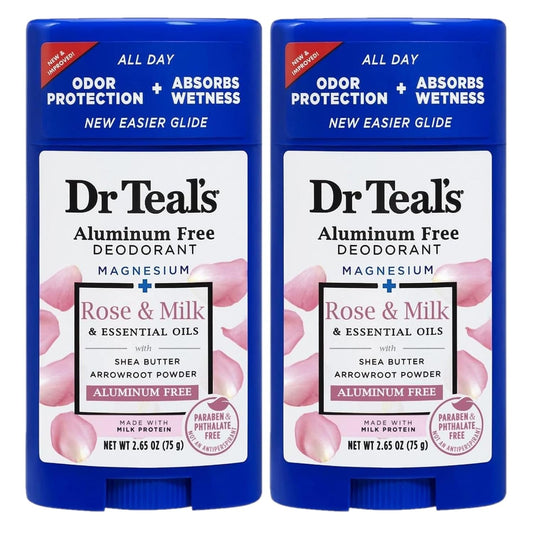 Dr. Teal's Rose & Milk Deodorant Gift Set (2 Pack, 2.65oz Ea) - Rose & Milk Formula - Aluminum Free with Magnesium - Essential Oils, Shea Butter & Arrowroot Powder Absorb Moisture, Keep Skin Healthy