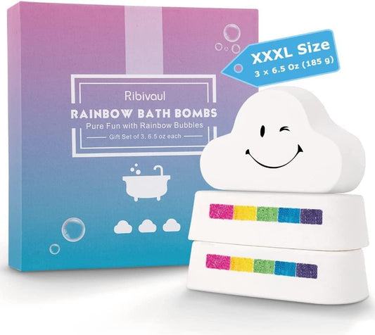 Bath Bombs Gift Set, Ribivaul Rainbow Bath Bombs XXXL Size 6.5 oz _3 Handmade Bath Bombs with Natural Ingredients, Bath Bomb for Kids with Colorful Bubbles, Great Gift Idea for Halloween, Christmas