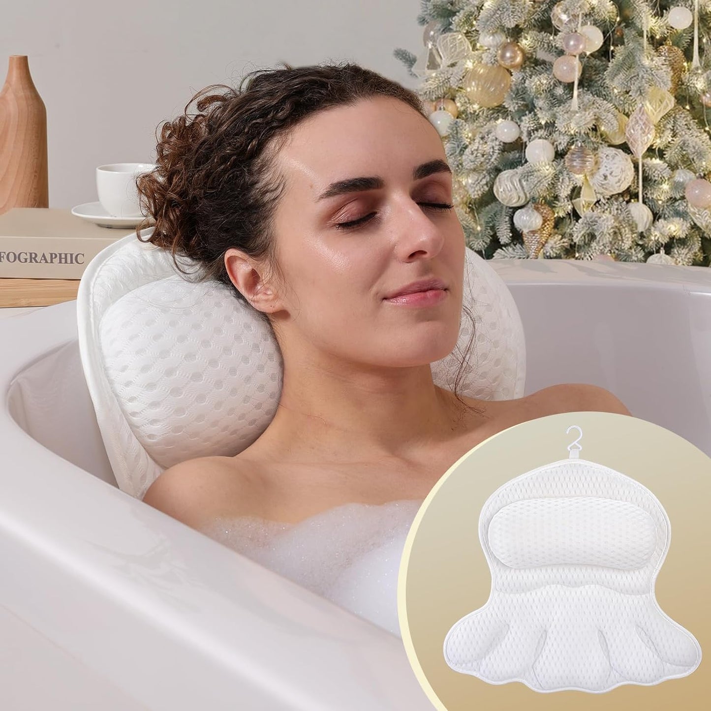 Bath Pillow Luxury Bathtub Pillow, Extra Soft & Comfortable Bath Pillow for Tub Head Neck and Back Support, with 3D Air Mesh Cushions & Non-Slip Suction Cups Ð Great Christmas Bath Gift