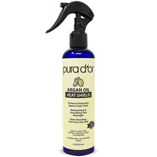 PURA D'OR Argan Oil Heat Shield Protectant Spray (8oz) Water Based Formula w/Organic Ingredients, Protects Up To 450¼ F From Flat Iron & Hot Blow Dry, Leave-In, Define & Shine Dry & Damaged Hair