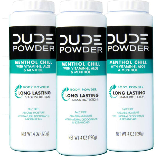 DUDE Body Powder - Menthol Chill 4 Ounce (3 Bottle Pack) Natural Deodorizers Cooling Menthol & Aloe, Talc Free Formula, Corn-Starch Based Daily Post-Shower Deodorizing Powder for Men