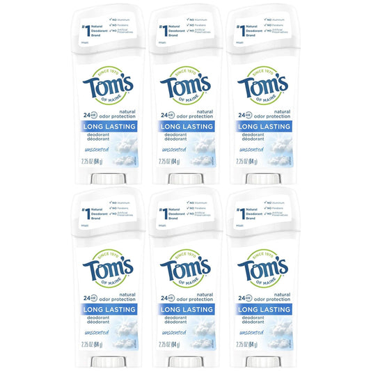 Tom's of Maine Natural Deodorant Stick, Unscented, 2.25 Ounce, Pack of 6