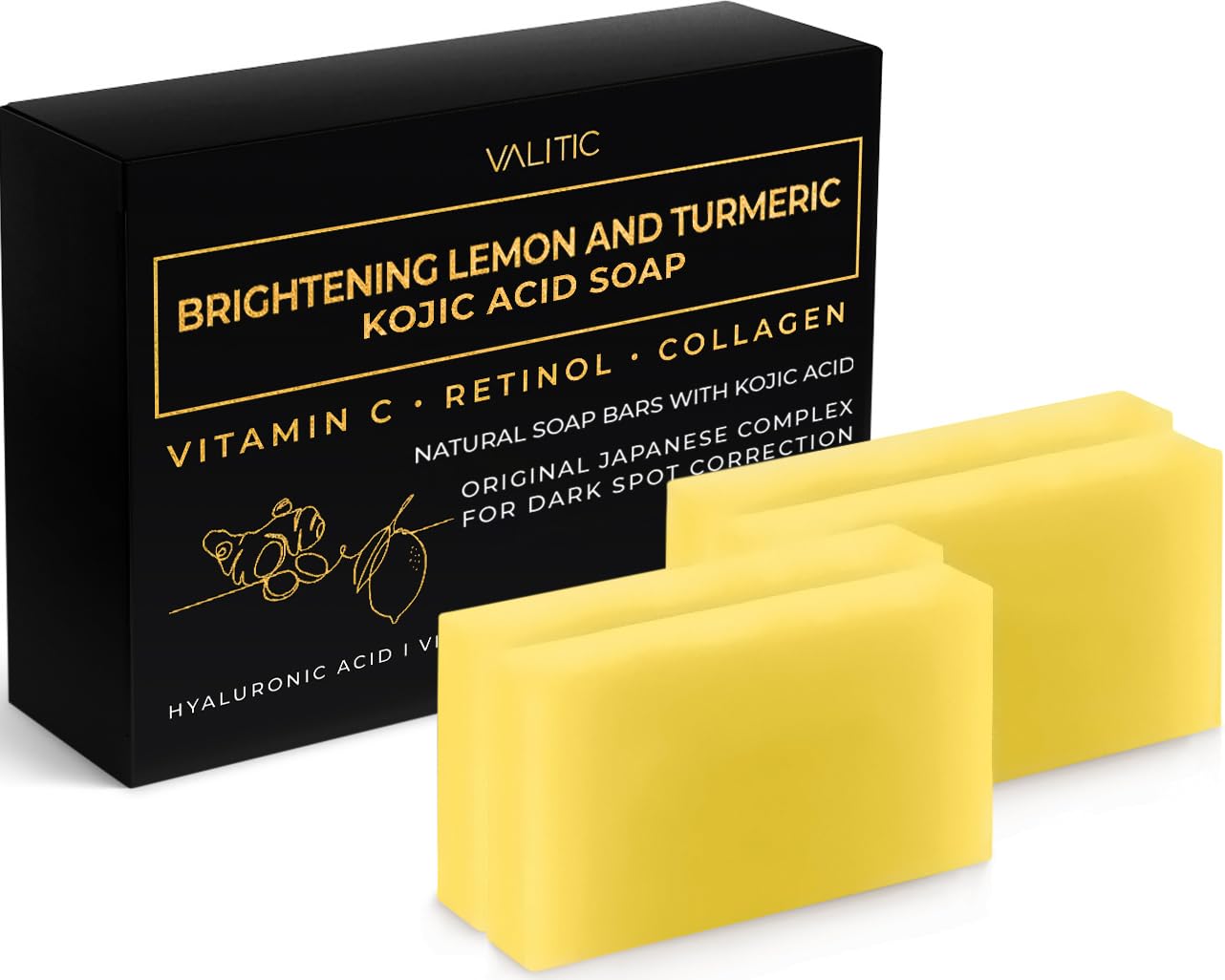VALITIC Brightening Lemon & Turmeric Kojic Acid Soap with Vitamin C, Retinol, Collagen - Original Japanese Complex Infused with Hyaluronic Acid, Vitamin E, Shea Butter, Castile Olive Oil (4 Pack)