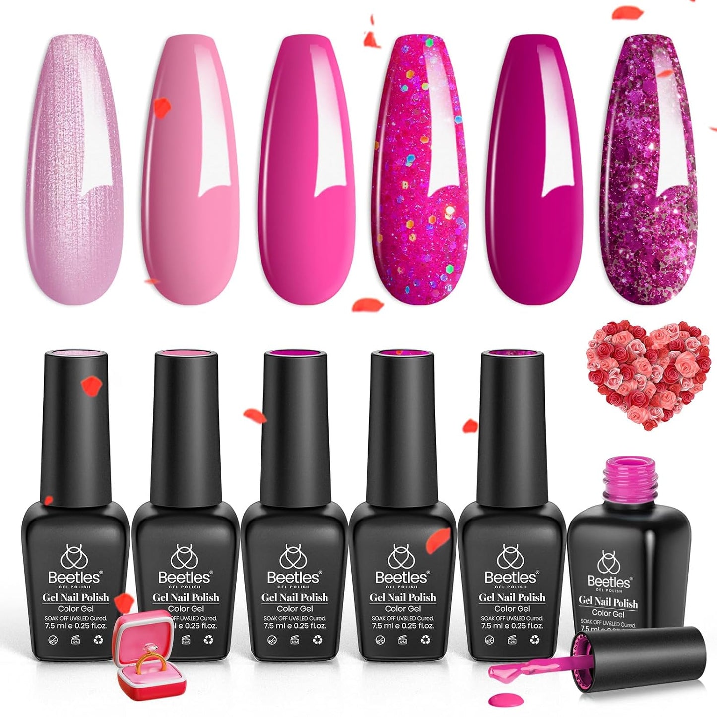 Beetles Pink Gel Nail Polish Set, 6 Colors Pink Glitter Rose Red Gel Polish Kit with Snowflake New Year Gift Set for Girls, Soak off Uv Led Nail Gel DIY Beetles Vday Gifts Spree Valentines Nails