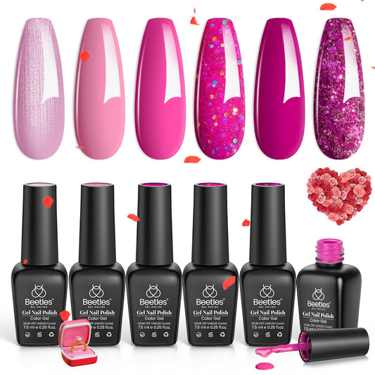 Beetles Pink Gel Nail Polish Set, 6 Colors Pink Glitter Rose Red Gel Polish Kit with Snowflake New Year Gift Set for Girls, Soak off Uv Led Nail Gel DIY Beetles Vday Gifts Spree Valentines Nails