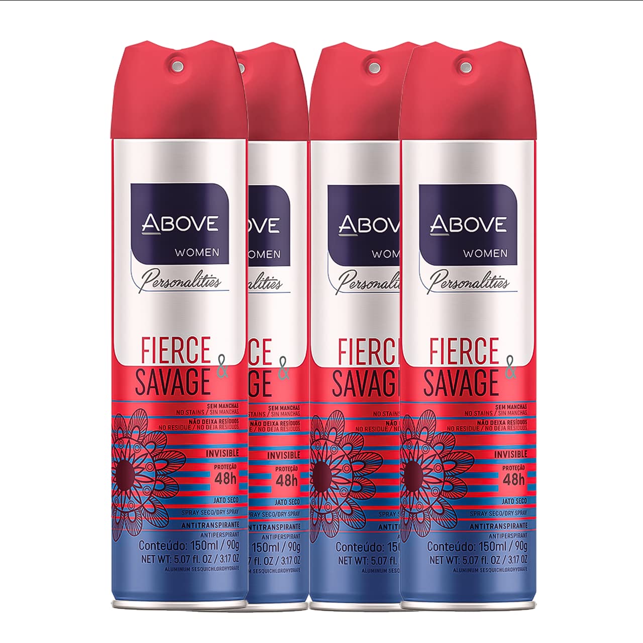 ABOVE Fierce and Savage - 48 Hours Personalities Antiperspirant Deodorant Set for Women - Notes of Pink Pepper and Jasmine - Dry Spray Protects Against Sweat and Body Odor - Alcohol Free - 4 pc