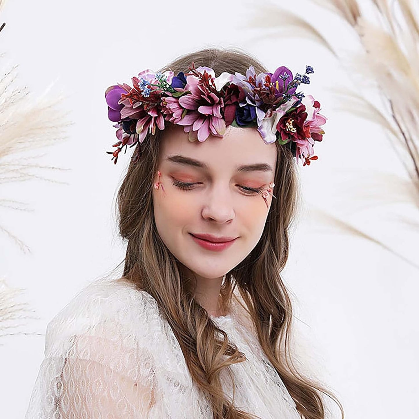 Acenail Flower Headbands Women Floral Crown Wedding Fairy Headpiece Adjustable Ribbon Headband Boho Flower Head Pieces Floral Garland Head Band Wreath Crown Christmas Hair Accessories (E-Purple Flower)