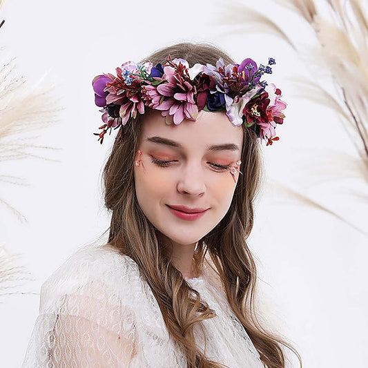 Acenail Flower Headbands Women Floral Crown Wedding Fairy Headpiece Adjustable Ribbon Headband Boho Flower Head Pieces Floral Garland Head Band Wreath Crown Christmas Hair Accessories (E-Purple Flower)