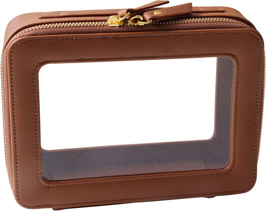 SANHECUN Toiletry bag waterproof cosmetic organizer with handle large opening for travelling (Brown)