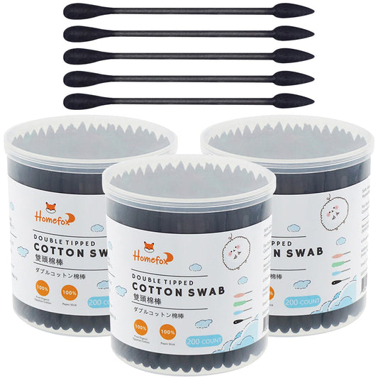 Black Cotton Swabs Precision Pointed - 600 Count Organic Pointy Cotton Bud Double Side Tightly Wrapped Charcoal Cotton Tip Paper Stick Soft Gentle Lint-Free Cruelty-Free Pointy & Round (Black)
