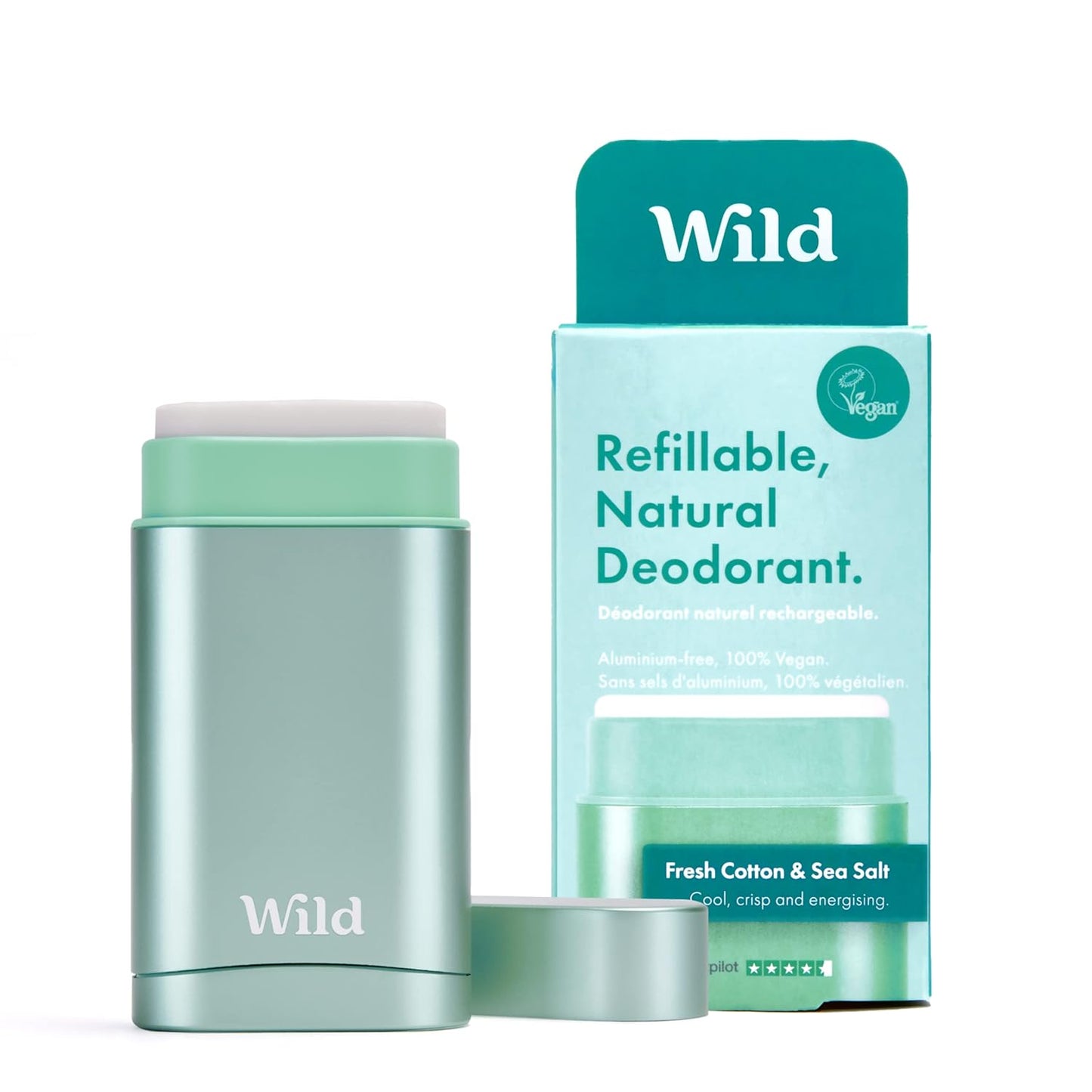 Wild - Natural Refillable Deodorant - Vegan & Eco-Friendly - Aluminum Free - Long Lasting Protection - 100% Natural Ingredients - Starter Kit - Aqua Case, Fresh Cotton & Sea Salt Refill - 1.4oz