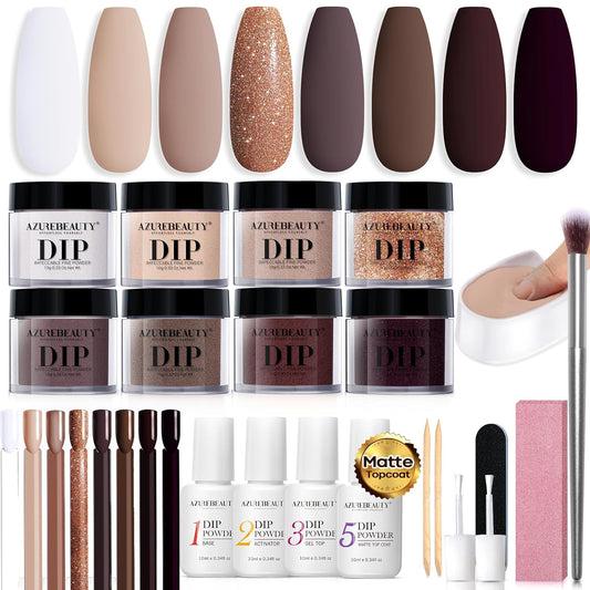 AZUREBEAUTY 30Pcs Dip Powder Nail Kit Starter, Dark Brown Purple Nude Skin Tone 8 Colors with Nail Swatch Sticks, Nail Art Liquid Set with Matte/Base/Top Coat Activator for French Manicure Salon