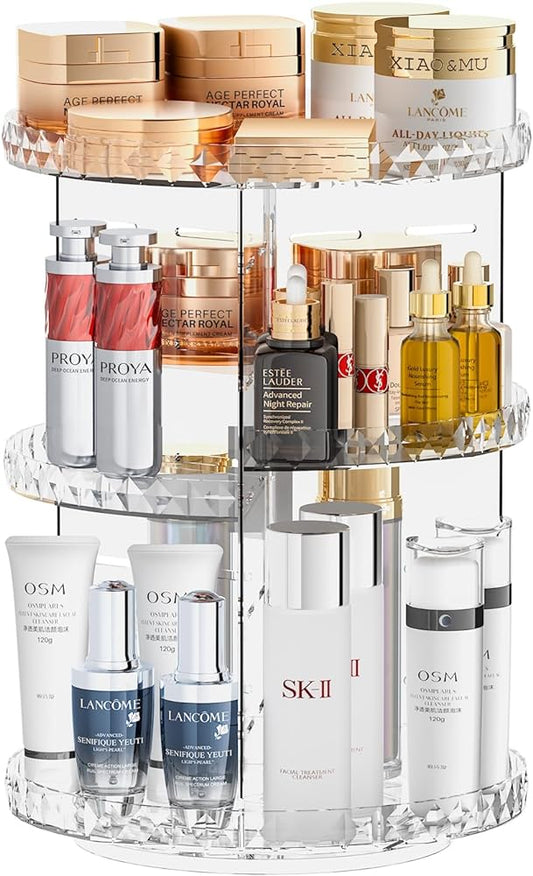COMVTUPY 360¡ Rotating Makeup Organizer, Adjustable Layer Skincare Organizer with Brush Holder Perfume Tray, Cosmetics Organizer For Vanity Bathroom Countertop, (Clear)