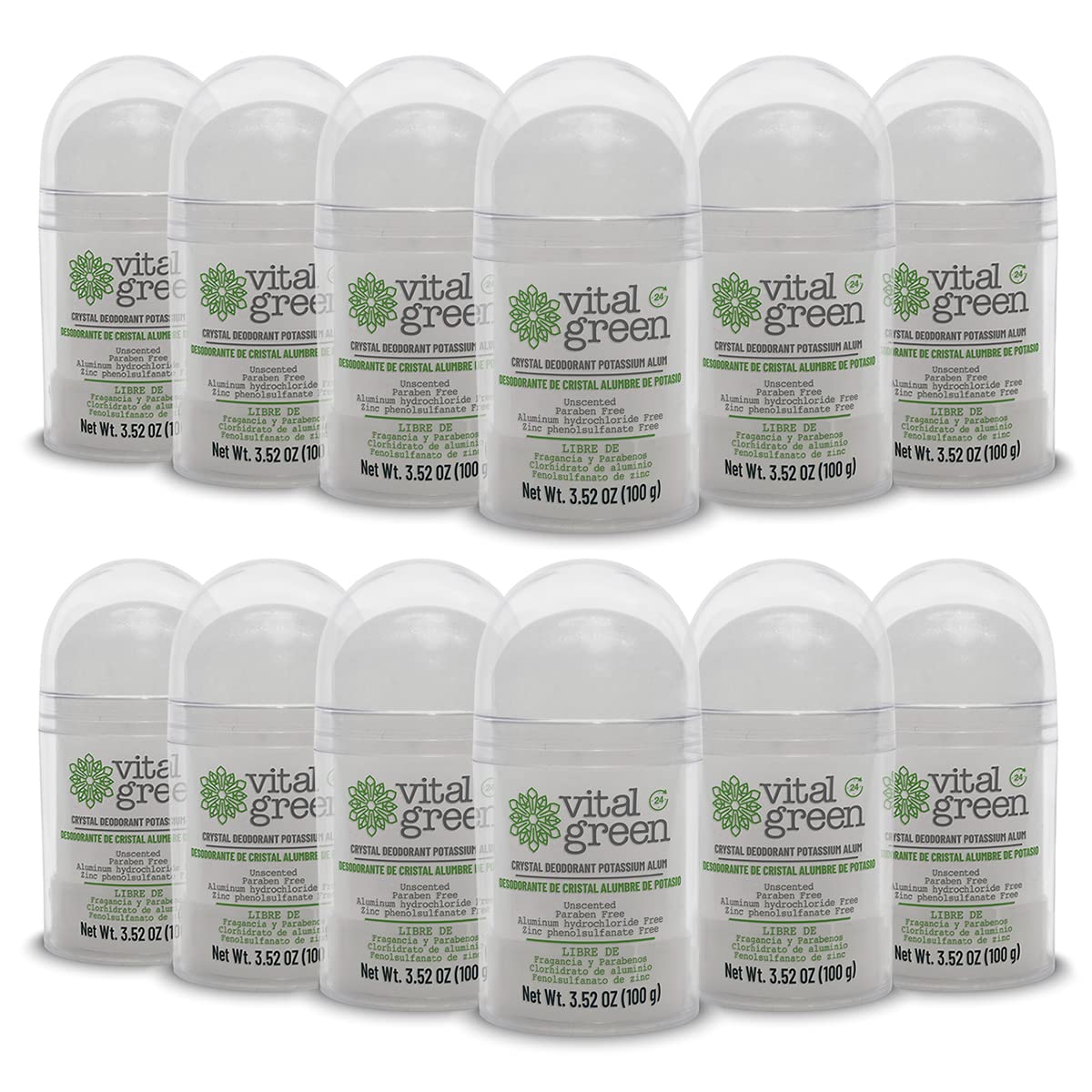 Vital Green Crystal Potassium Alum Deodorant – Unscented Mineral Deodorant For Men, Women And Athletes -3.53oz / 100 g (12 Units)