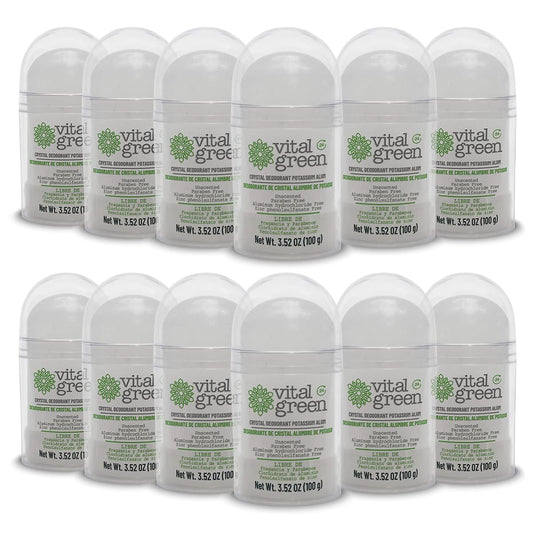 Vital Green Crystal Potassium Alum Deodorant – Unscented Mineral Deodorant For Men, Women And Athletes -3.53oz / 100 g (12 Units)