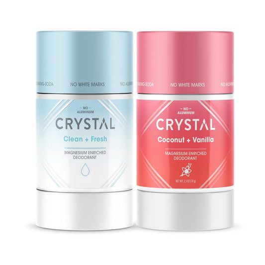 Crystal Magnesium Solid Stick Natural Deodorant, Non-Irritating Aluminum Free Deodorant for Men or Women, Safely and Effectively Fights, Bundle of Coconut & Vanilla and Clean & Fresh, 2.5 oz pack of 2
