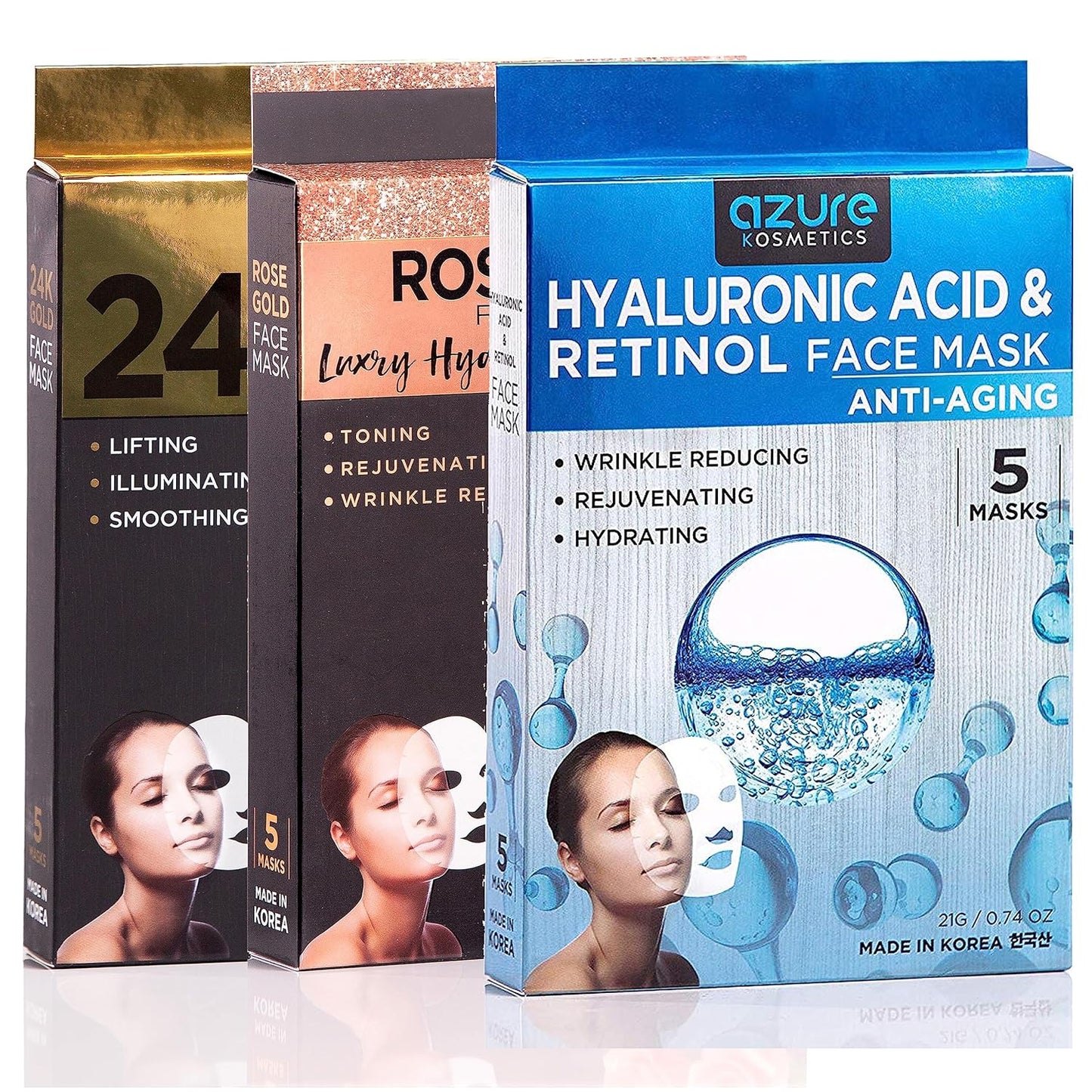Deeply Hydrating and Firming Value Bundle - Facial Sheet Masks with Hyaluronic Acid, Retinol, Collagen - Vegan and Alcohol/Cruelty Free - Made in Korea