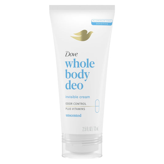 Dove Whole Body Deo Aluminum Free Invisible Cream Deodorant Unscented for All Day Odor Control, 2.5 oz