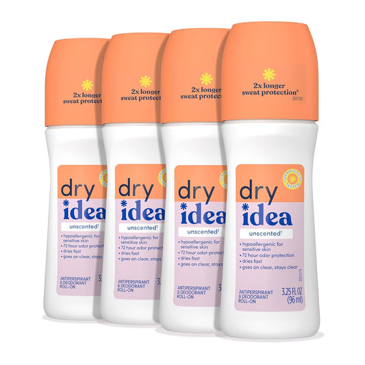 Dry Idea Roll-On Deodorant & Antiperspirant | 2X Longer Sweat Protection | 72-Hour Odor Protection | Unscented & Hypoallergenic for Sensitive Skin, 3.25 oz. (4-Pack)