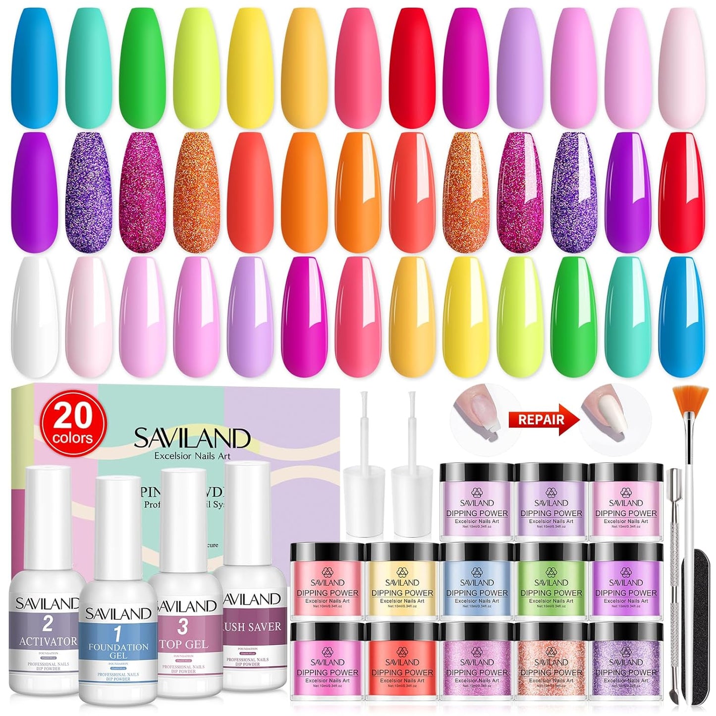 Saviland 29Pcs Dip Powder Nail Kit Starter - 20 Colors Dipping Powder Nail Kit for All Season & 15ml Dip Liquid Set System with Base Top Coat Activat for Nail Art Manicure DIY, Ideal Gift for Ladies