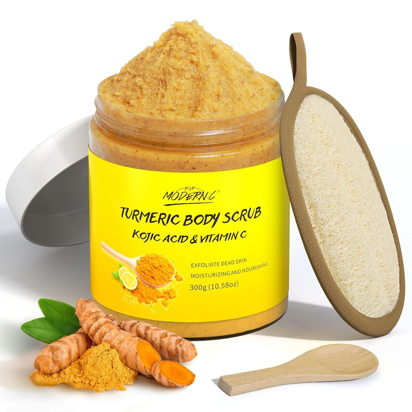 Turmeric and Vitamin C Body Scrub Remove Dead Skin Improve Dark Spots Acne Natural Organic Exfoliating Deep Cleansing Exfoliator for Body Butt Bikini Area Body Care with Loofah Christmas gift