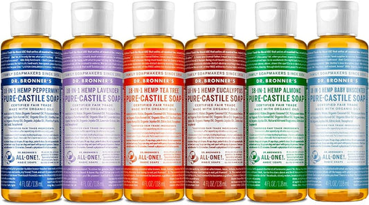 Dr. Bronner's - Pure-Castile Liquid Soap (4 oz Variety Pack) Peppermint, Lavender, Tea Tree, Eucalyptus, Almond, & Baby Unscented - 18-in-1 Uses: Face, Body, Hair, Laundry, Pets and Dishes | 6 Count