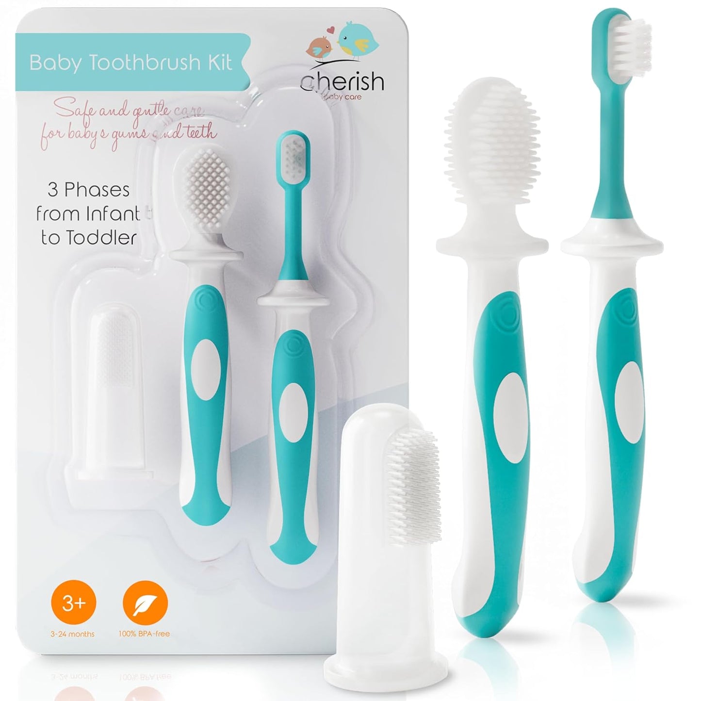 Cherish Baby Care Award-Winning Baby Toothbrush Set (3-24 Months) - Baby Finger Toothbrush, Training Toothbrush & Toddler Toothbrush - BPA-Free Infant Toothbrush Set, Baby First Toothbrush Set (Teal)