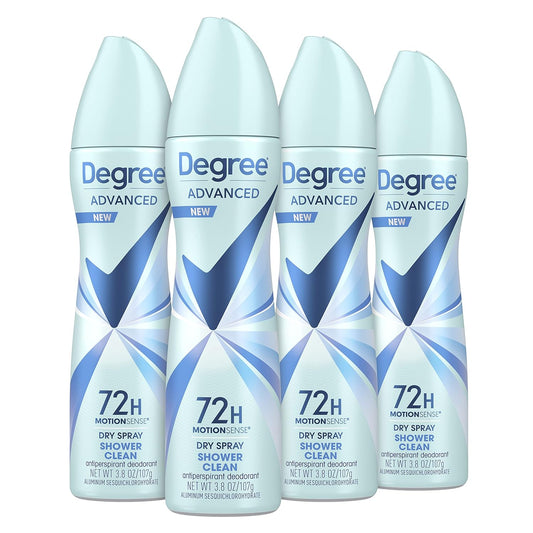 Degree Advanced Antiperspirant Deodorant Dry Spray 72-Hour Sweat and Odor Protection Shower Clean Deodorant Spray For Women With MotionSense Technology 3.8 oz, Pack of 4